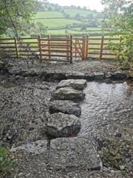 Stepping stones crossing a river to create a path to a wooden gate opening onto a field
